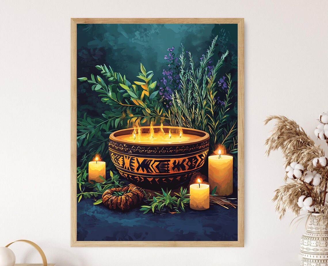 Jamaican Obeah Bowl Art Print Tribal Symbols And Herbal Scene