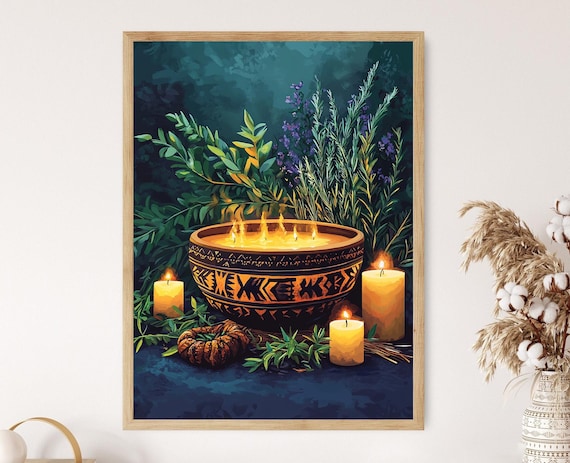 Jamaican Obeah Bowl Art Print Tribal Symbols And Herbal Scene