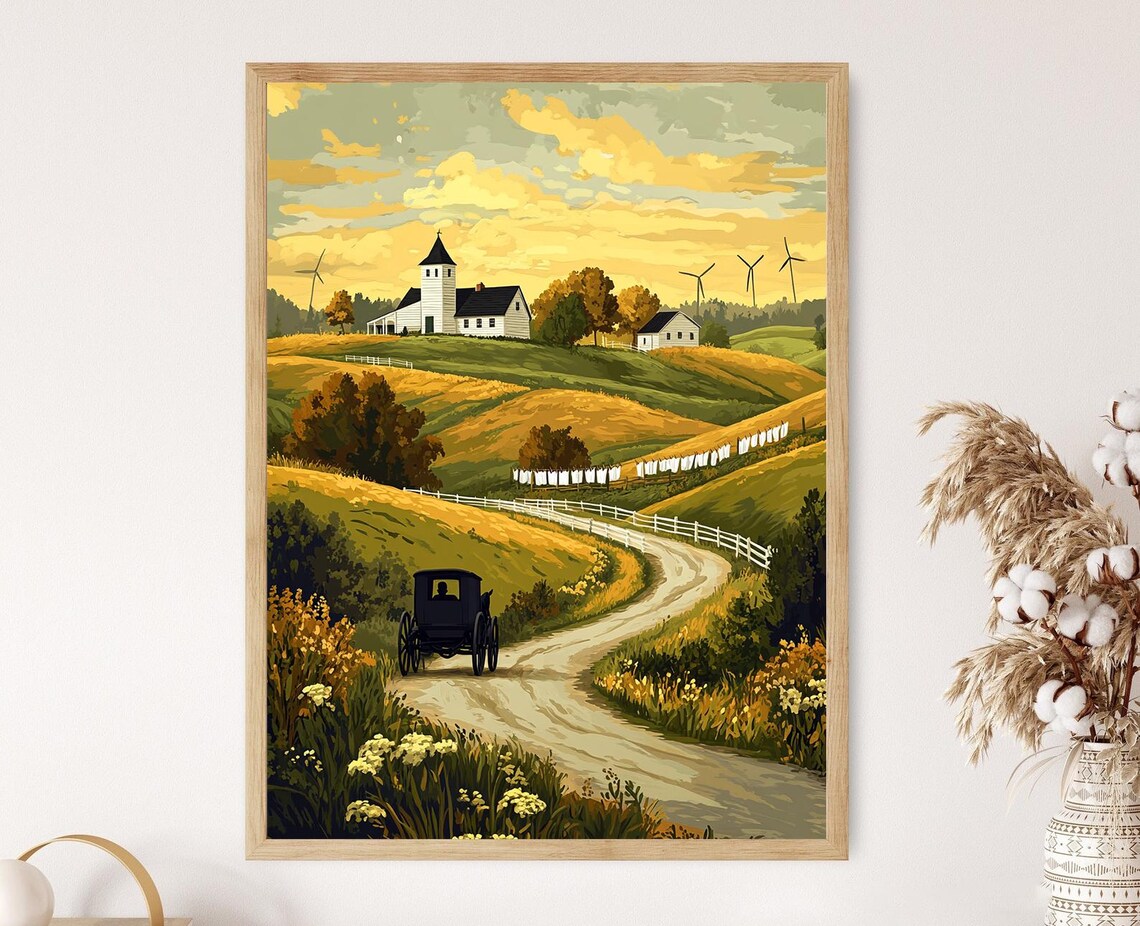 Amish Countryside Illustration, Rural Farm Scene