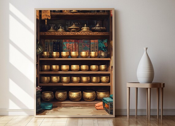Golden Tibetan Singing Bowls on Wooden Shelves Meditation Poster