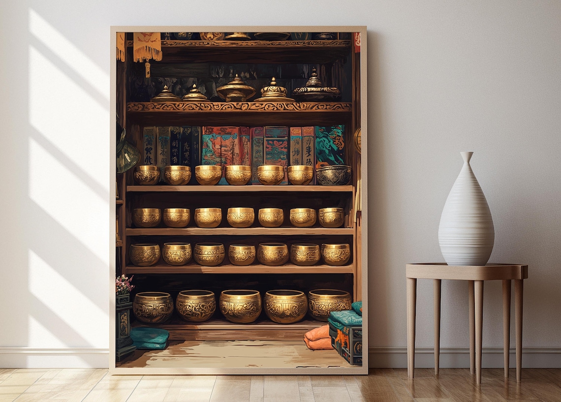 Golden Tibetan Singing Bowls on Wooden Shelves Meditation Poster