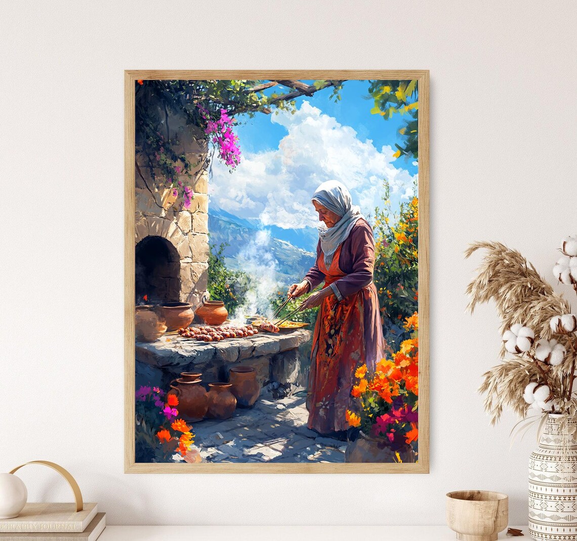 Old Iranian Woman Cooking Kebabs, Rustic Culinary Art