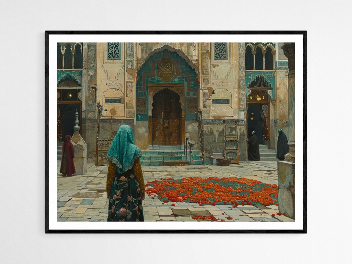 Ottoman Courtyard Woman Teal Veil Mosque Doorway Orientalist Poster