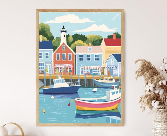 Coastal Connecticut Town Art Print, Marina And Lighthouse Scene