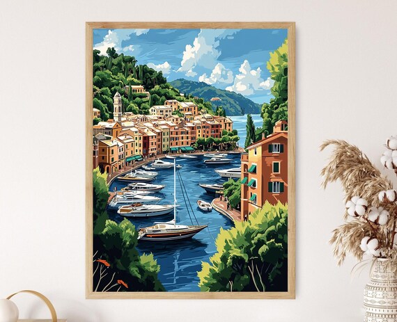 Portofino Harbor Art Print Luxury Boat Decor Poster Italian Coastal Heritage Illustration