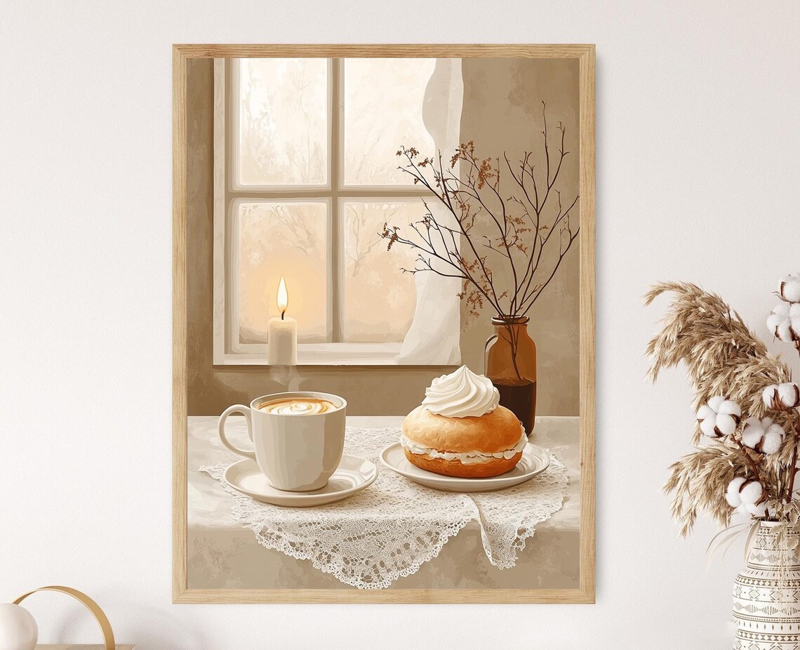 Swedish Fika With Semla And Coffee Cozy Scandinavian Pastry And Candlelight Table Illustration
