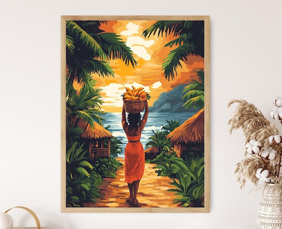 Panamanian Kuna Woman Illustration Village And Fruit Basket Art Print Cultural Decor