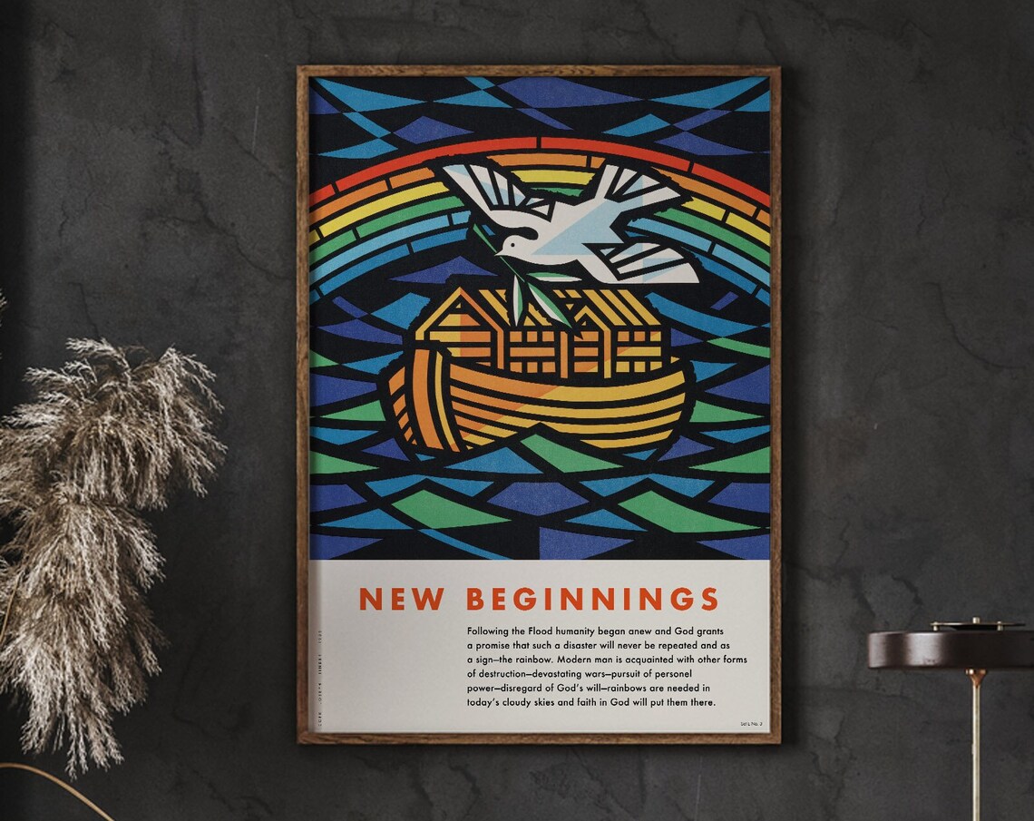New Beginnings Vintage Noah Ark Dove Rainbow Stained Glass Poster
