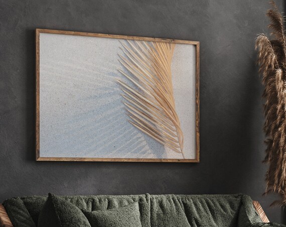 Dried Palm Frond Shadow on Sand Minimalist Botanical Photography Poster