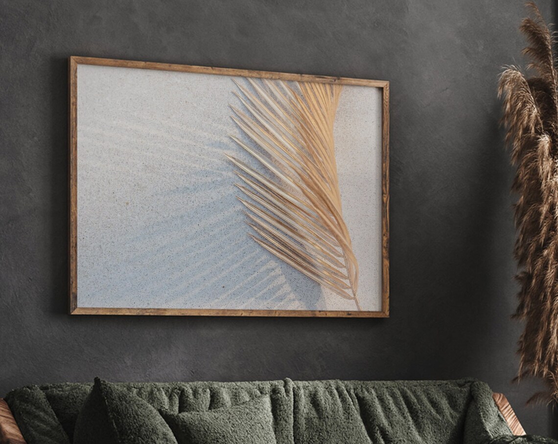 Dried Palm Frond Shadow on Sand Minimalist Botanical Photography Poster
