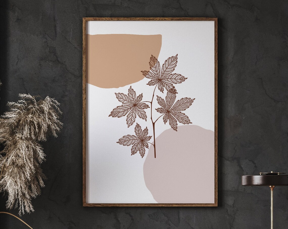 Minimal Chestnut Leaves Brown Line Art Autumn Fall Botanical Decor Poster
