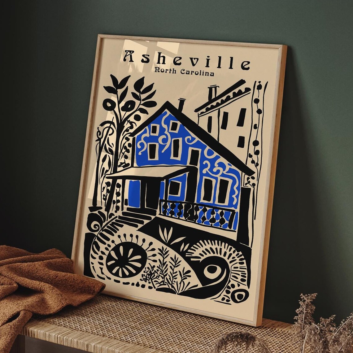 Asheville North Carolina Blue House Boho Folk Art Travel Poster