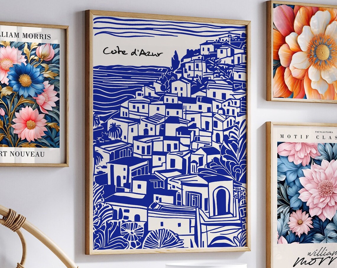 Cote d'Azur French Riviera Blue Coastal Village Line Art Print - Image 5