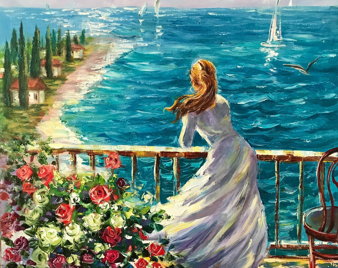 Woman By The Sea Oil Painting Dreaming Girl At Beach Art Scenery Art Gift For Her Birthday Italian Scene Artwork Blue Teal Wall Decor