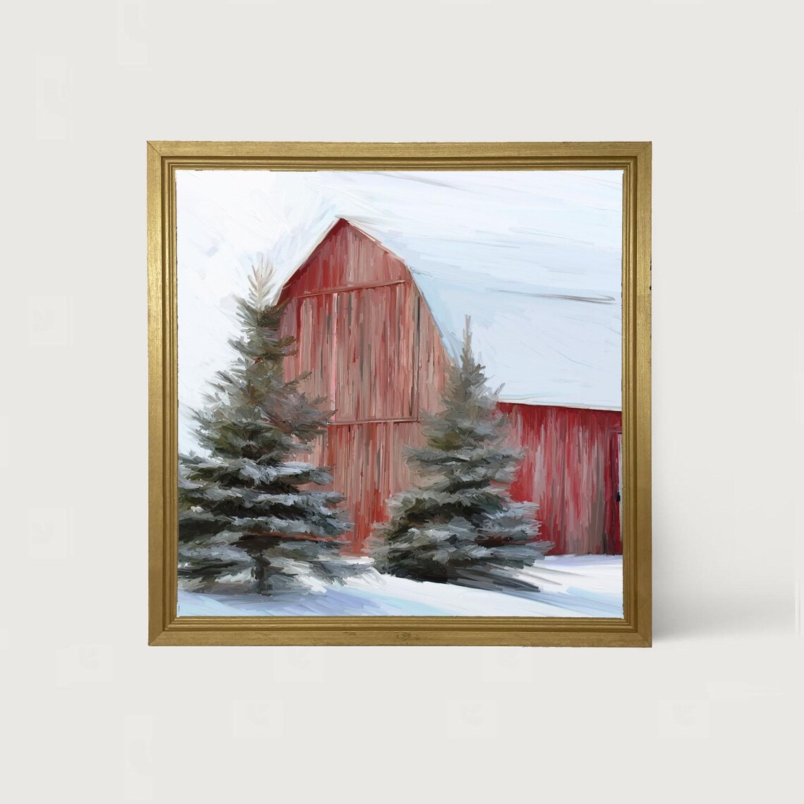 Winter Barn Among Pine Trees, Farmhouse Wall Art Print