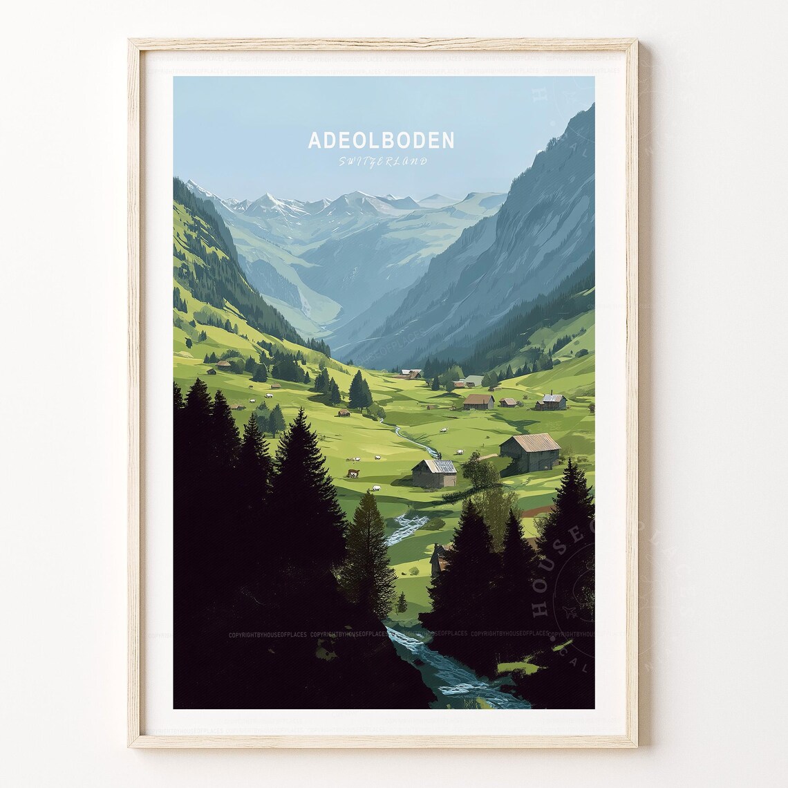Adeolboden Switzerland Alpine Valley Forest Stream Scenic Poster
