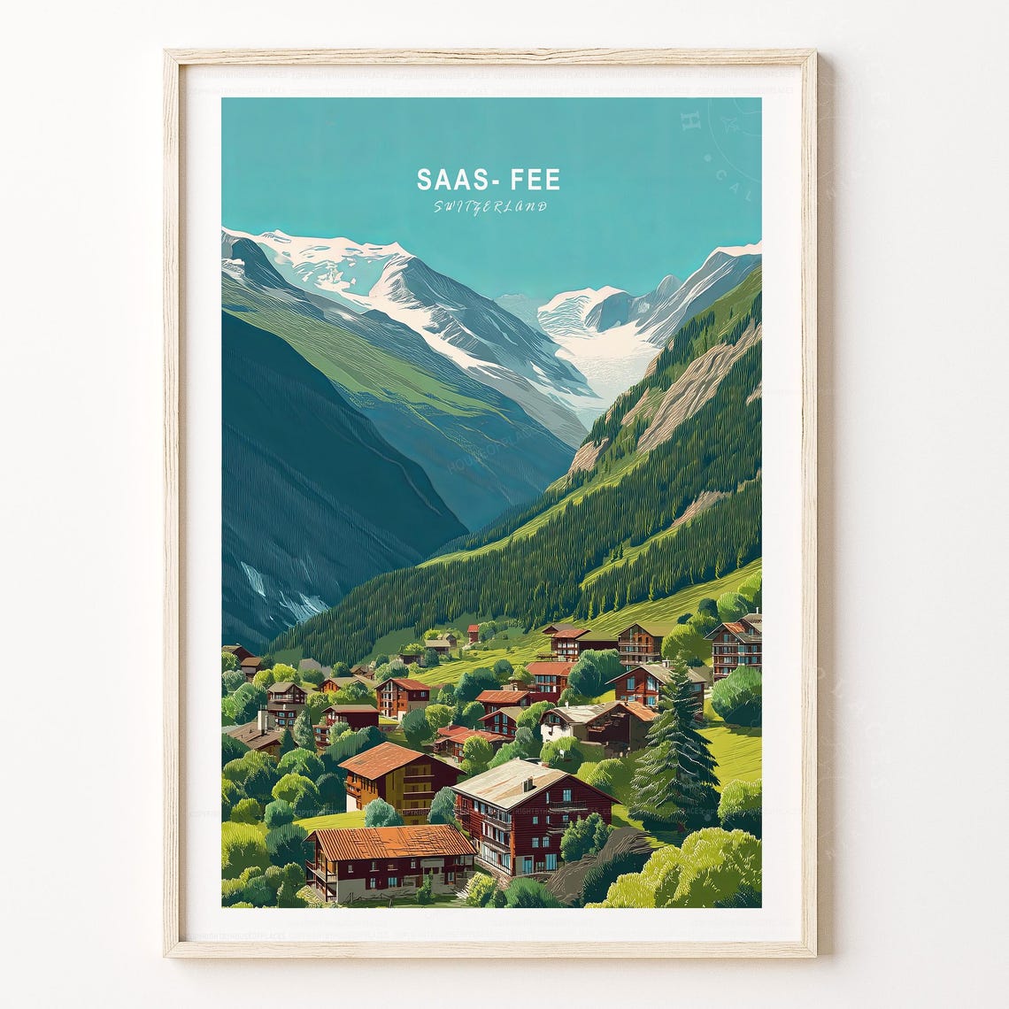 Saas Fee Switzerland Alpine Chalets Green Valley Summer Travel Poster