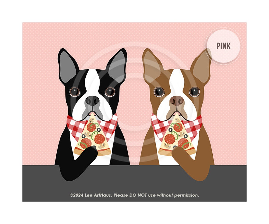 Two Boston Terriers Eating Pizza With Checkered Bibs Dog Art Poster - Image 5