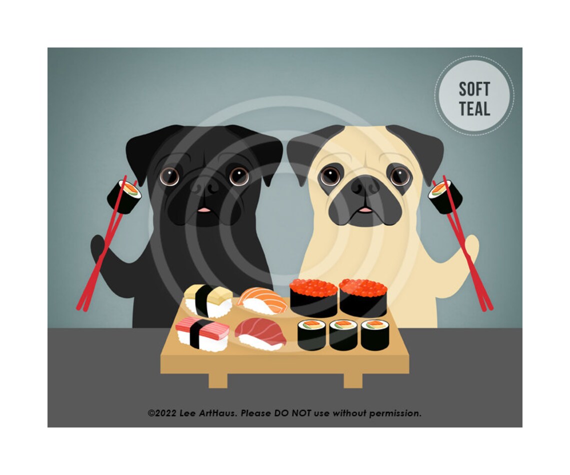 Two Pugs Eating Sushi With Chopsticks Cute Cartoon Dog Art Poster - Image 4