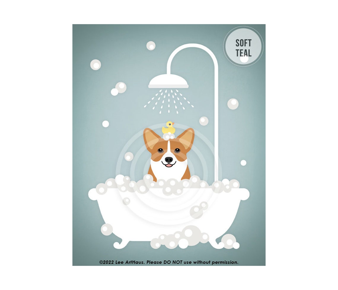 Smiling Corgi Bubble Bath Shower Rubber Ducky Teal Bathroom Poster - Image 4