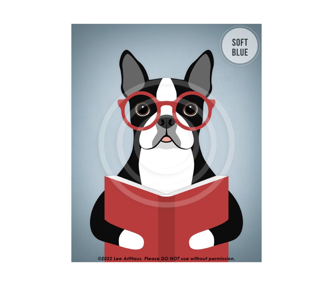 Boston Terrier Wearing Red Glasses Reading Book Smart Funny Dog Poster - Image 2