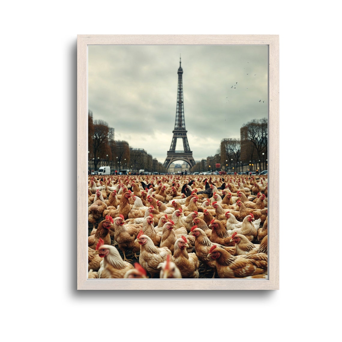 Flock of Chickens in Front of the Eiffel Tower Paris Surreal Poster