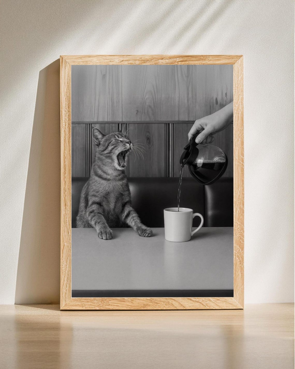 Yawning Cat Watching Coffee Pour Funny Black And White Poster