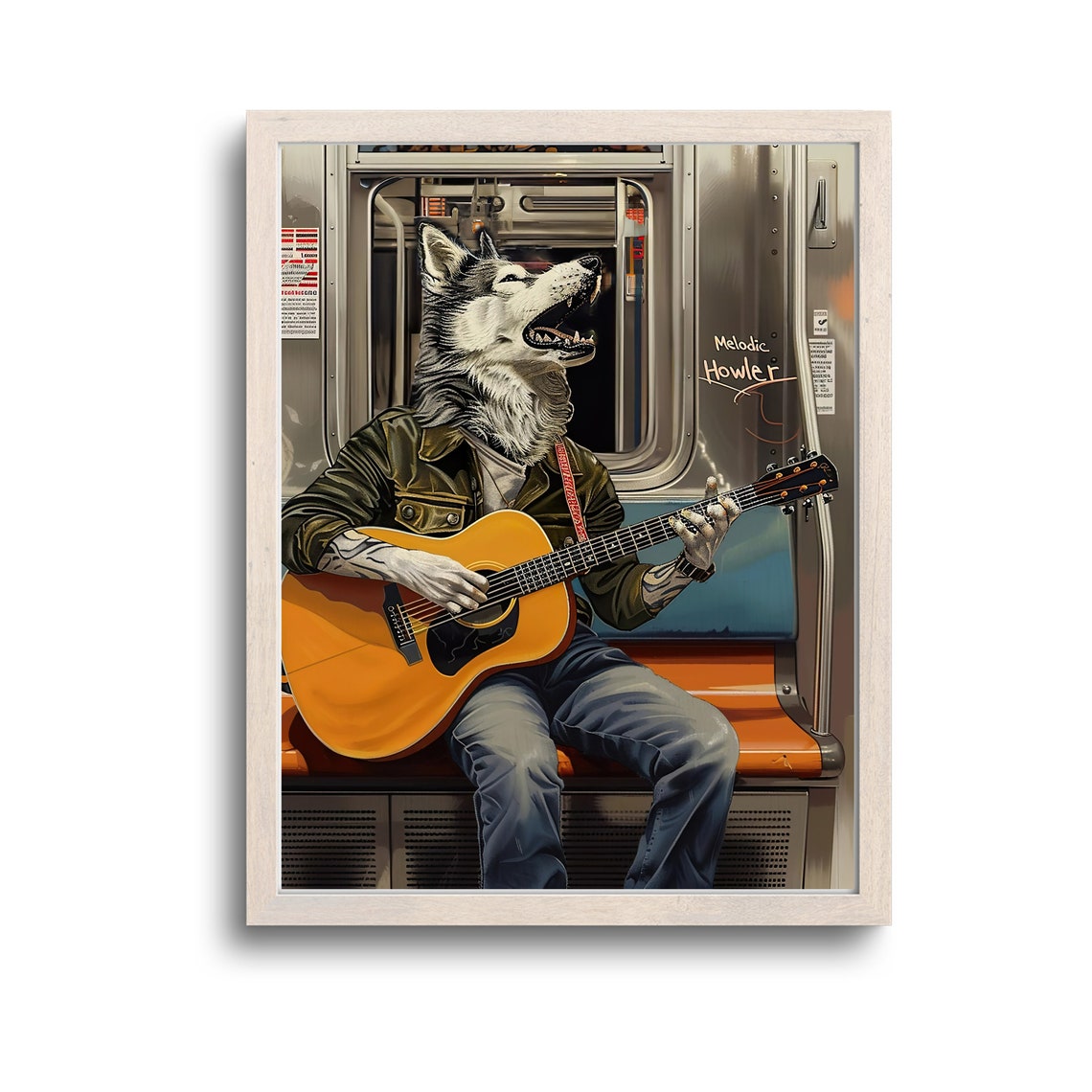Husky Guitar Player Howling on Subway Melodic Howler Art Poster