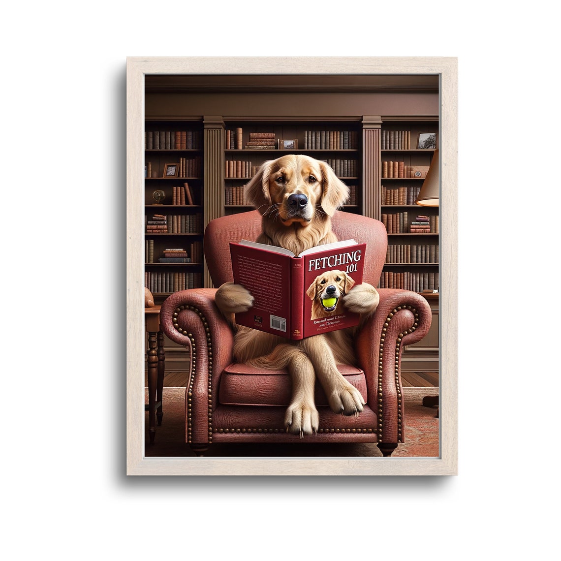 Golden Retriever Reading Fetching 101 Book Library Funny Dog Poster