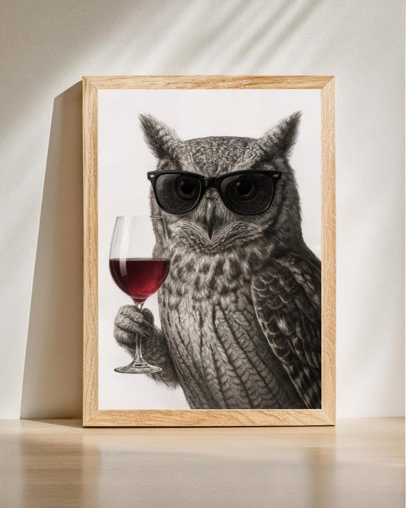 Owl Wine Glass Poster Cool Wall Art Funny Kitchen Home Bar Decor