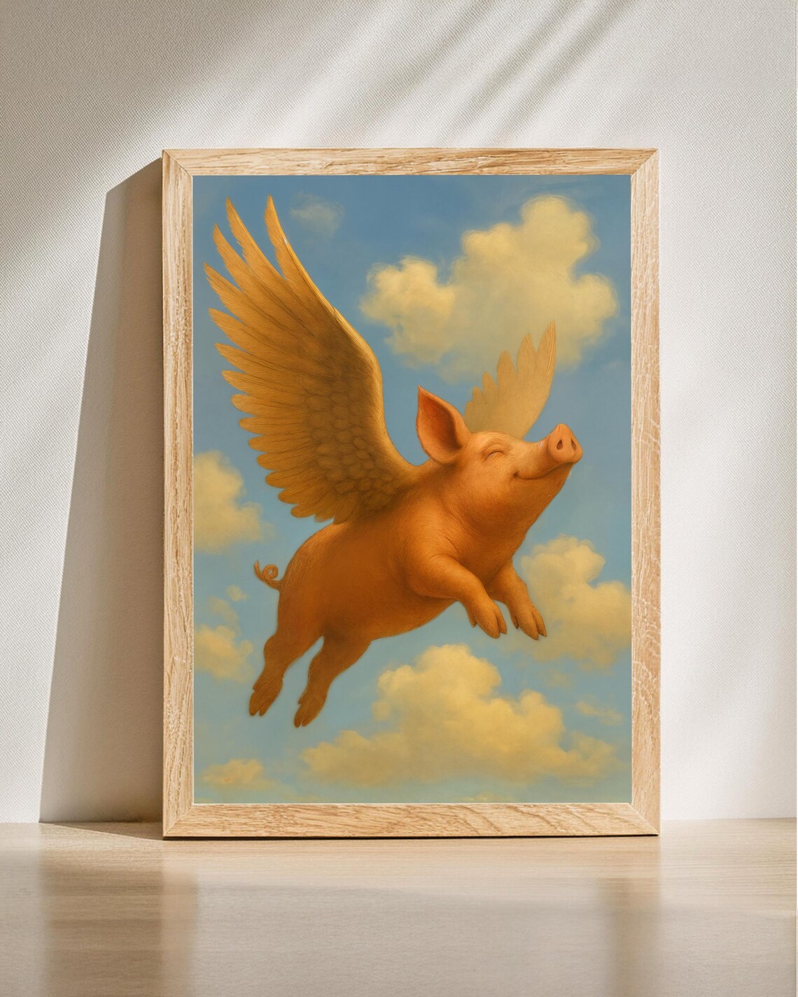 Flying Pig With Golden Wings Whimsical Surreal Animal Art Poster