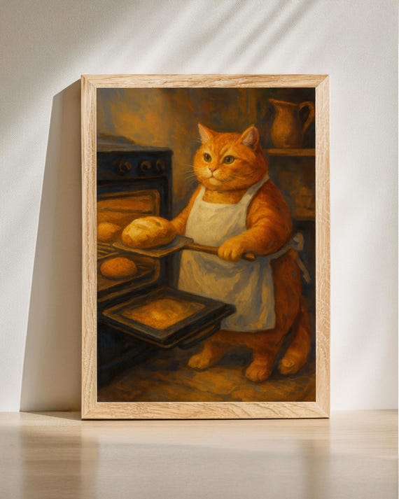 Funny Cat Baker Art Baking Bread Print Vintage Poster Lover Gift Rustic Wall Farmhouse Kitchen Decor