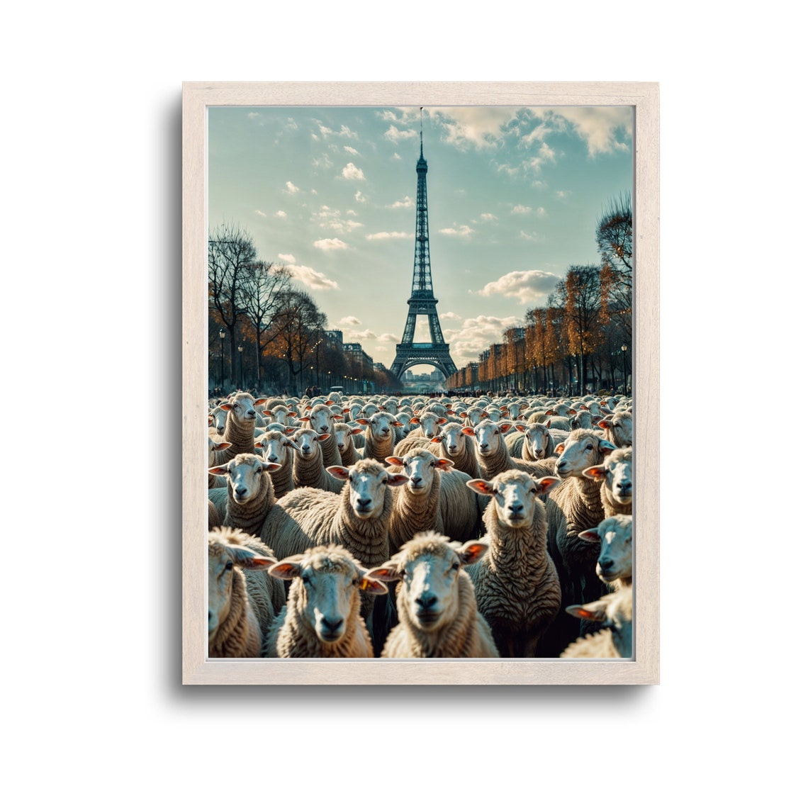 Flock of Sheep in Front of the Eiffel Tower Paris Surreal Poster