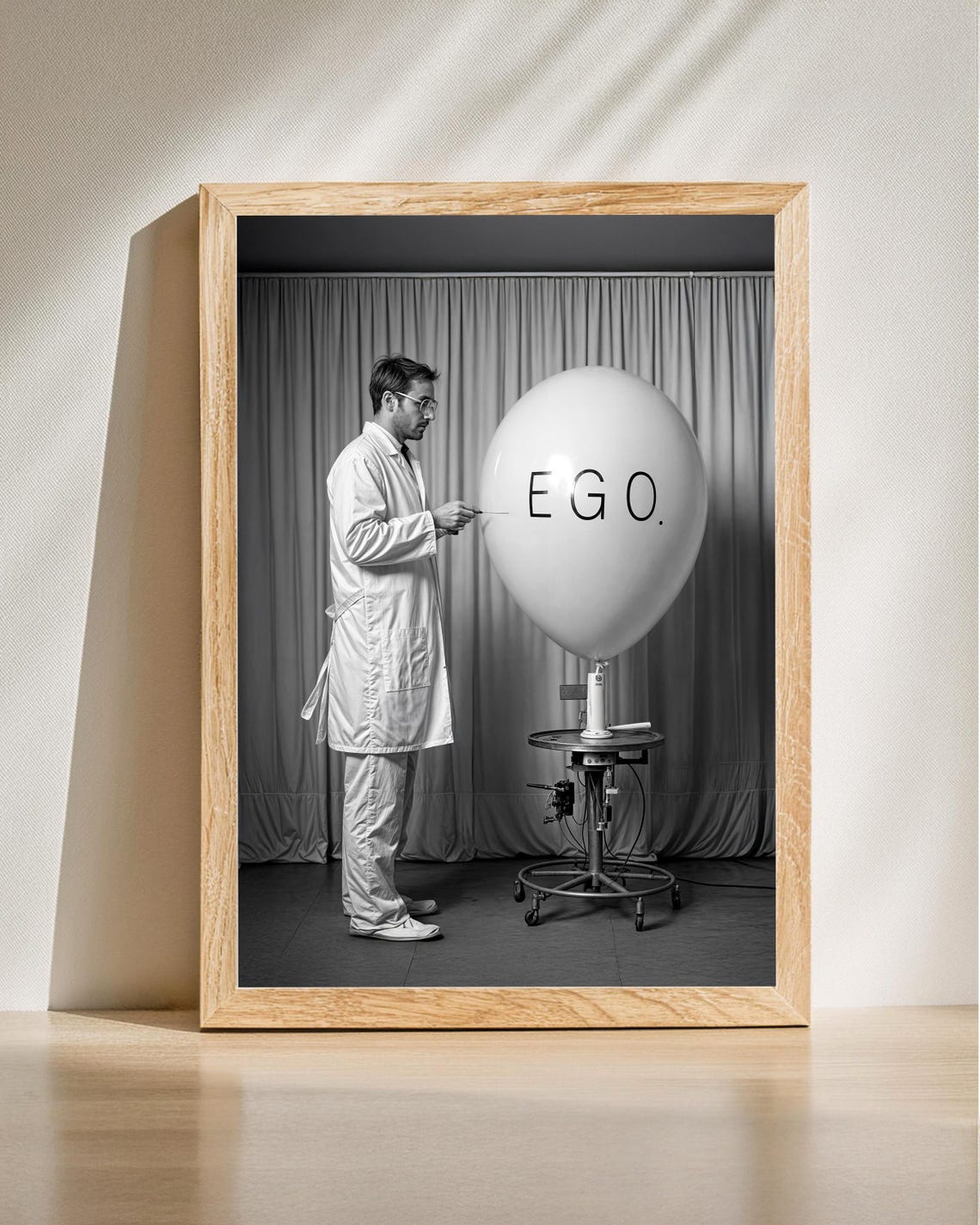 Surreal Scientist Popping Ego Balloon Black White Concept Poster