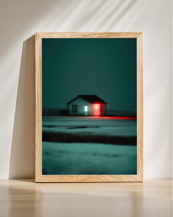 Atmospheric Night House Moody Landscape Art Surreal Home Decor Minimalist Wall Dreamy Print