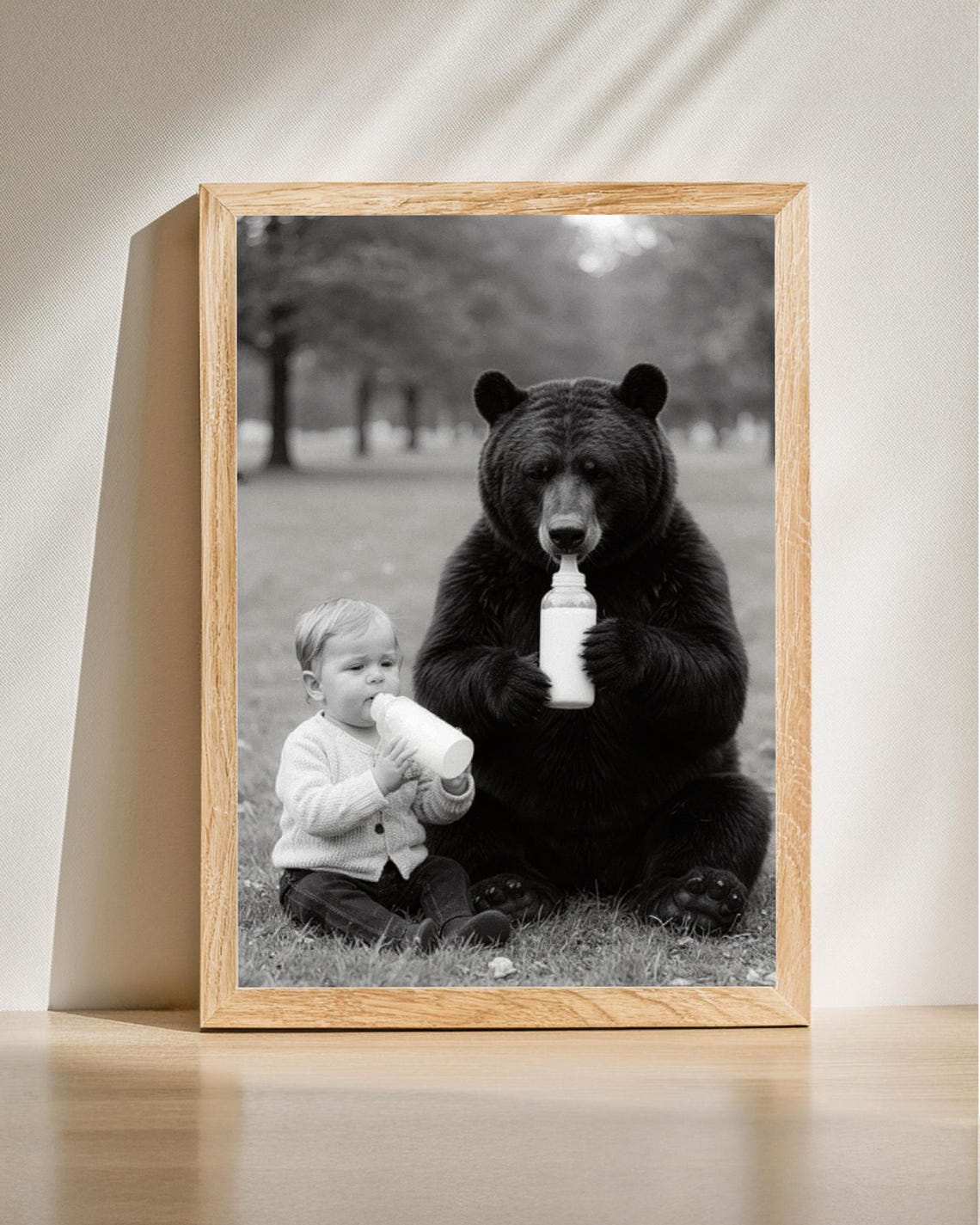 Bear And Baby Drinking Milk Bottles Funny Vintage Photo Poster