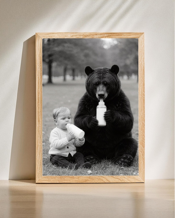 Bear And Baby Drinking Milk Bottles Funny Vintage Photo Poster