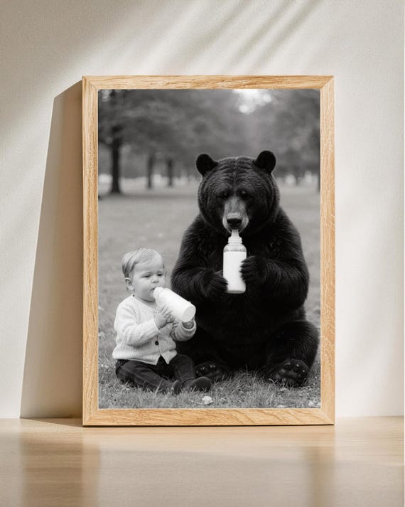 Bear And Baby Duo Art Black White Photography Charming Animal Print Unique Nursery Decor