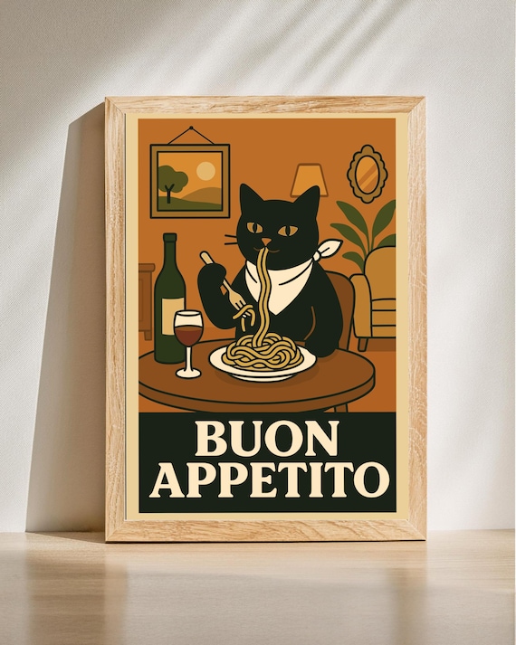 Buon Appetito Black Cat Eating Spaghetti Retro Italian Kitchen Poster