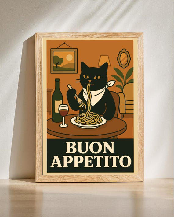 Buon Appetito Cat Print Retro Italian Kitchen Funny Black Wall Decor Spaghetti Poster Diner