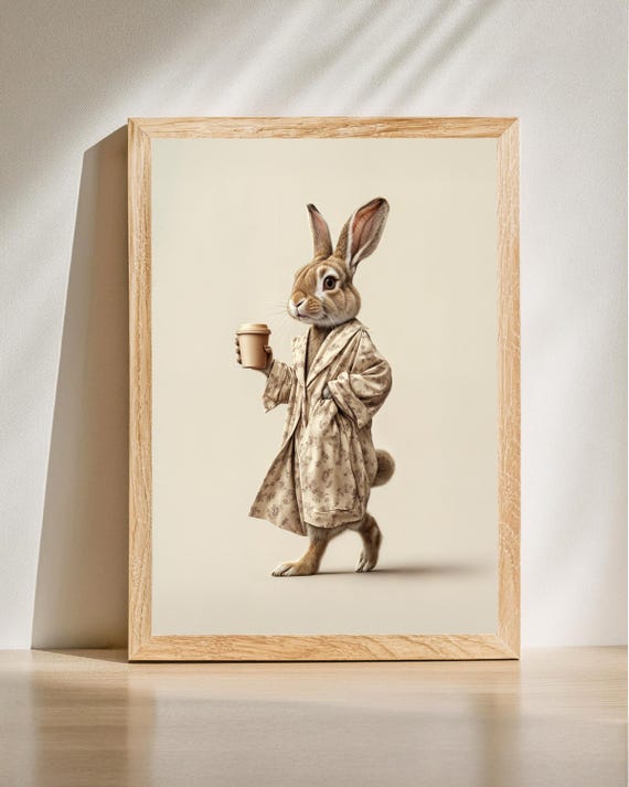 Charming Rabbit Fashion Art Vintage Bunny Anthropomorphic Animal Decor Coffee Lover Wall Print