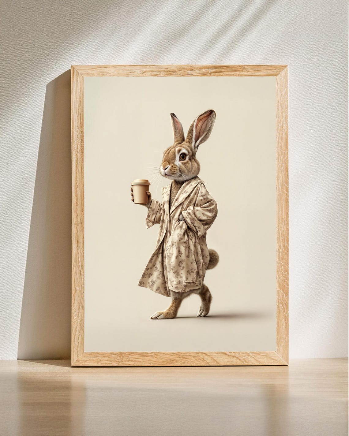 Rabbit in Bathrobe Holding Coffee Morning Routine Animal Poster