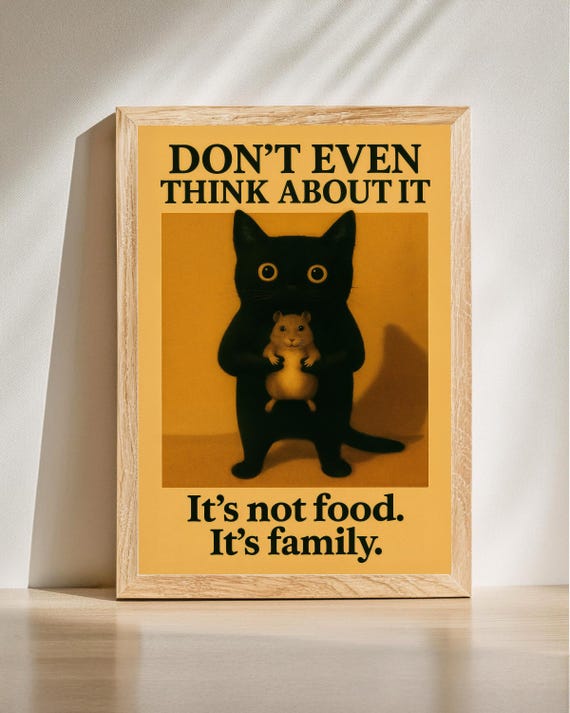 Not Food Its Family Quote Print Funny Cat And Hamster Poster Cute Pet Friendship Wall Art