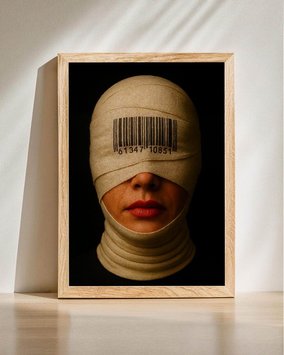 Bandaged Face With Barcode Eyes Surreal Conceptual Art Poster