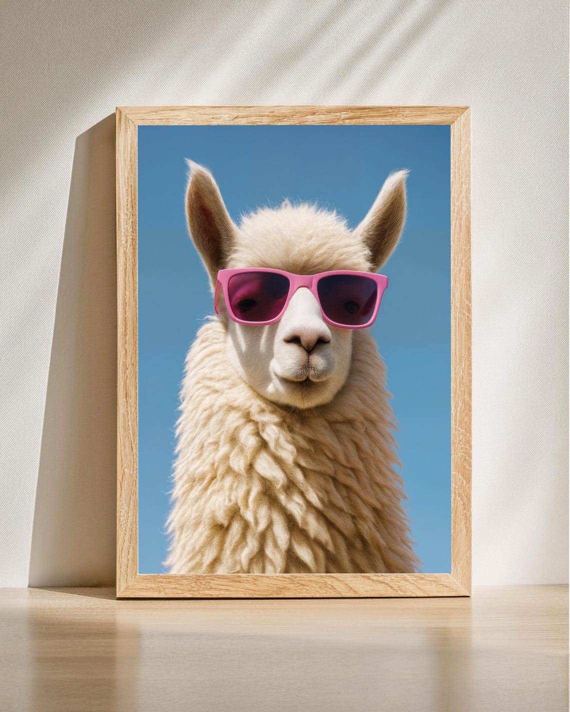 Cool Quirky Llama Pink Sunglasses Blue Sky Pop Art Animal Poster
