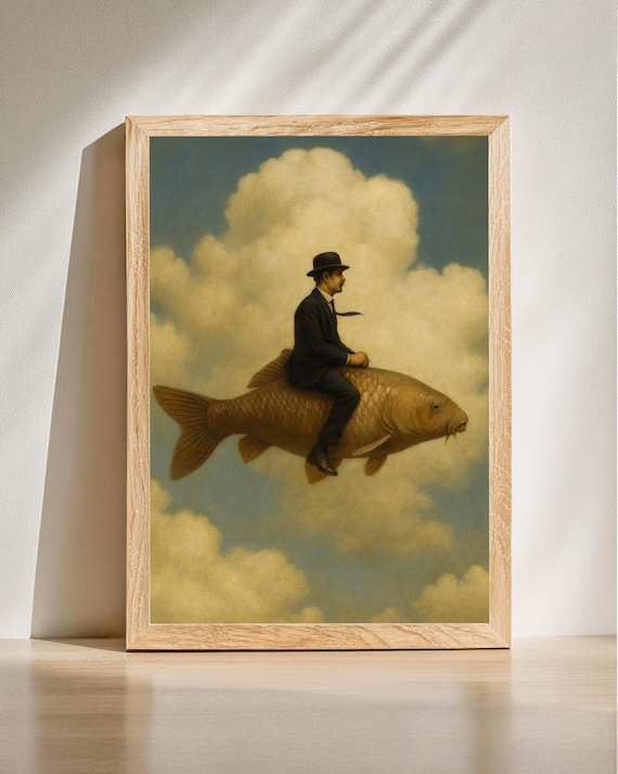 Surreal Man Riding Giant Fish Through Clouds Vintage Dream Art Poster
