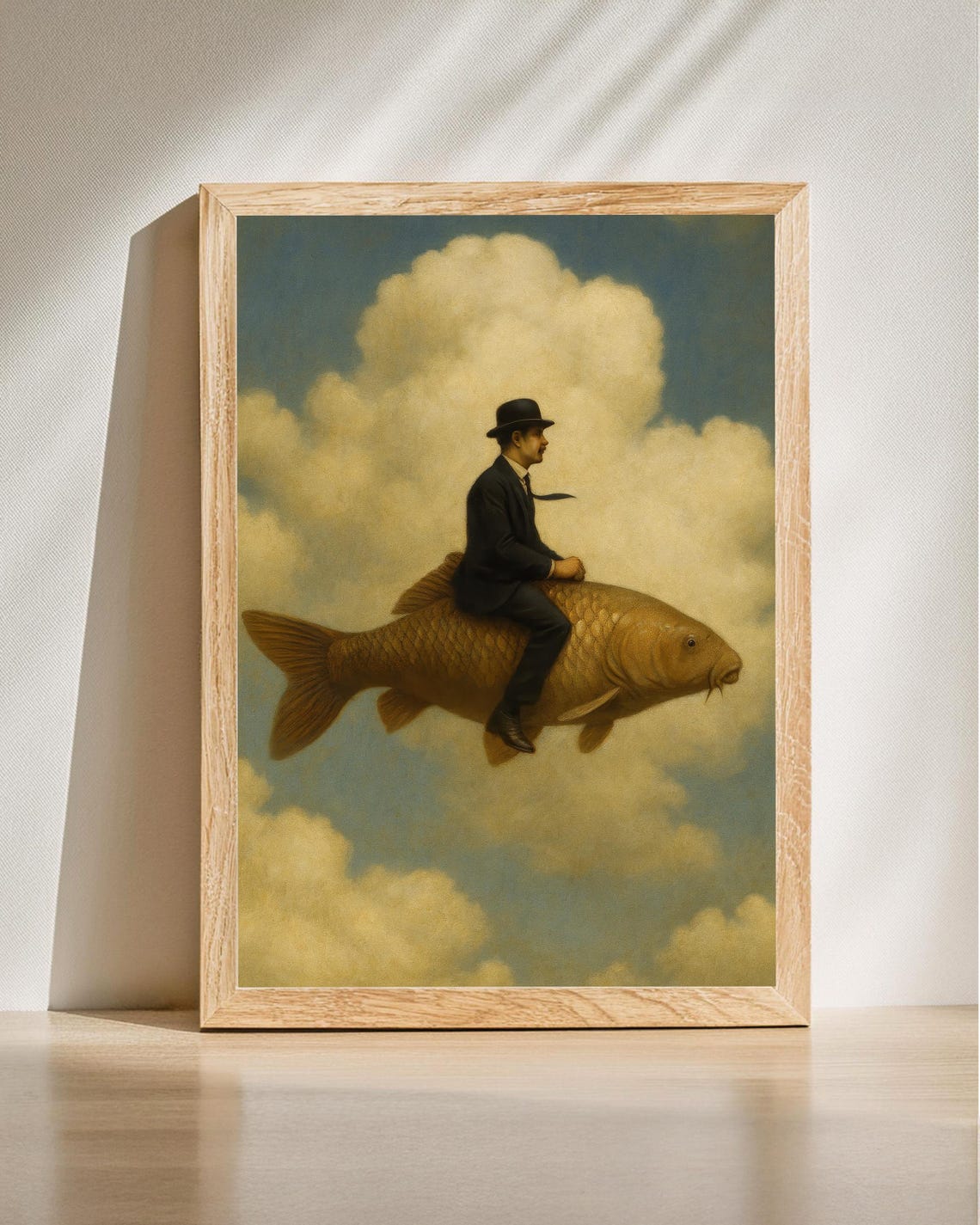 Man Riding Fish Wall Art Surreal Dream Print Imaginative Artwork Quirky Vintage Style Decor Unique