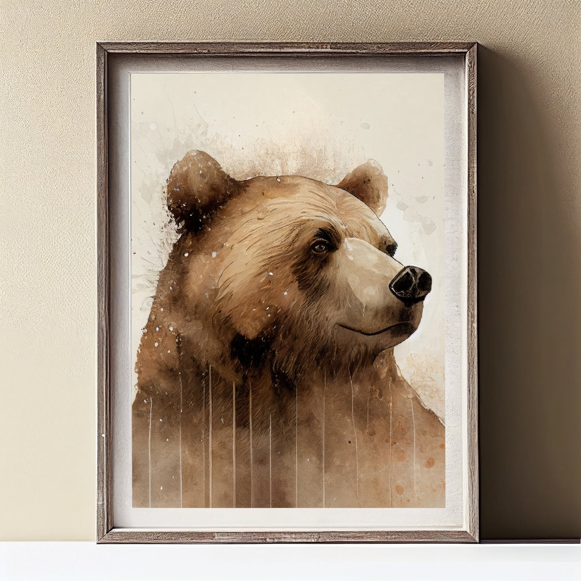 Brown Bear Watercolor Portrait Rustic Frame Wildlife Nature Poster