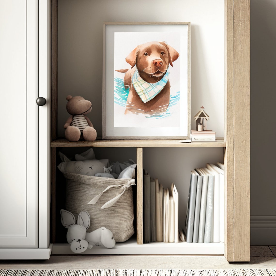 Chocolate Labrador Puppy Watercolor Plaid Bandana Dog Portrait Print - Image 2