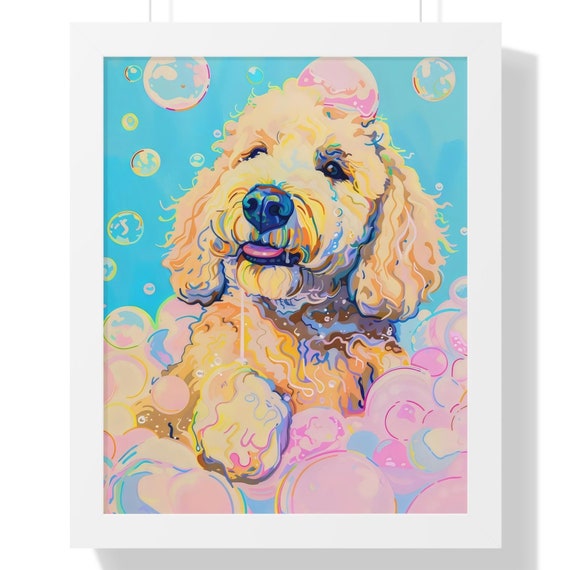 Goldendoodle Bathroom Poster Print Funny Dog Bathtub Wall Art Vintage Pink Blue Doodle Mom Gift Idea Restroom Toilet Framed Poster